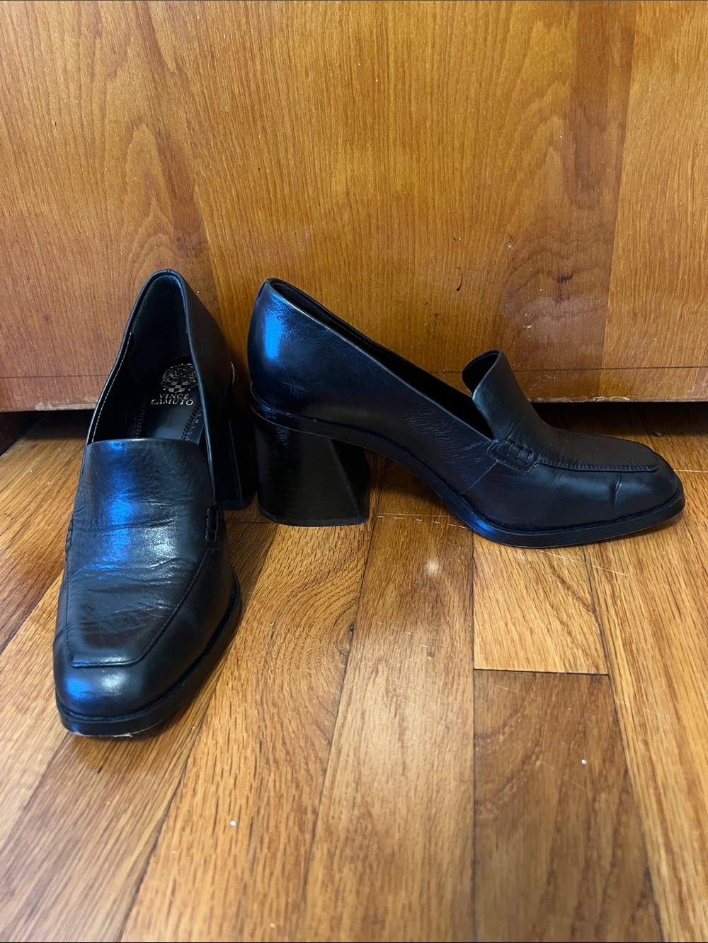 Vince Camuto Black Leather Block-Heel Loafers